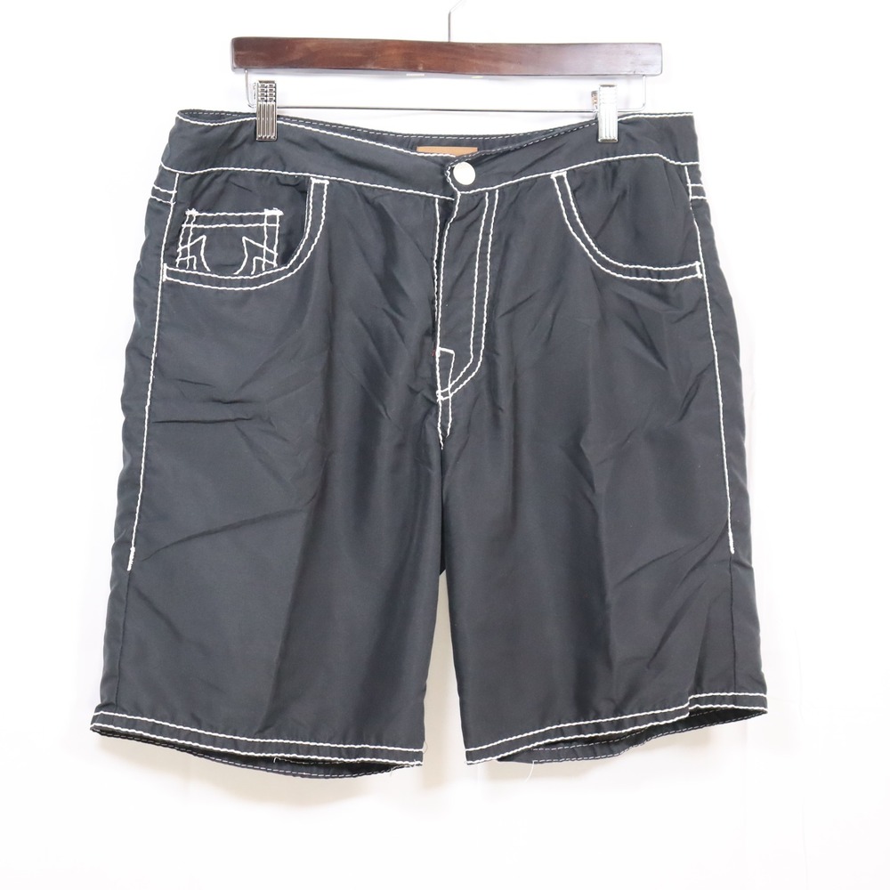 True Religion Board Shorts 36 Black Mens Big T Stitch Swim Trunks